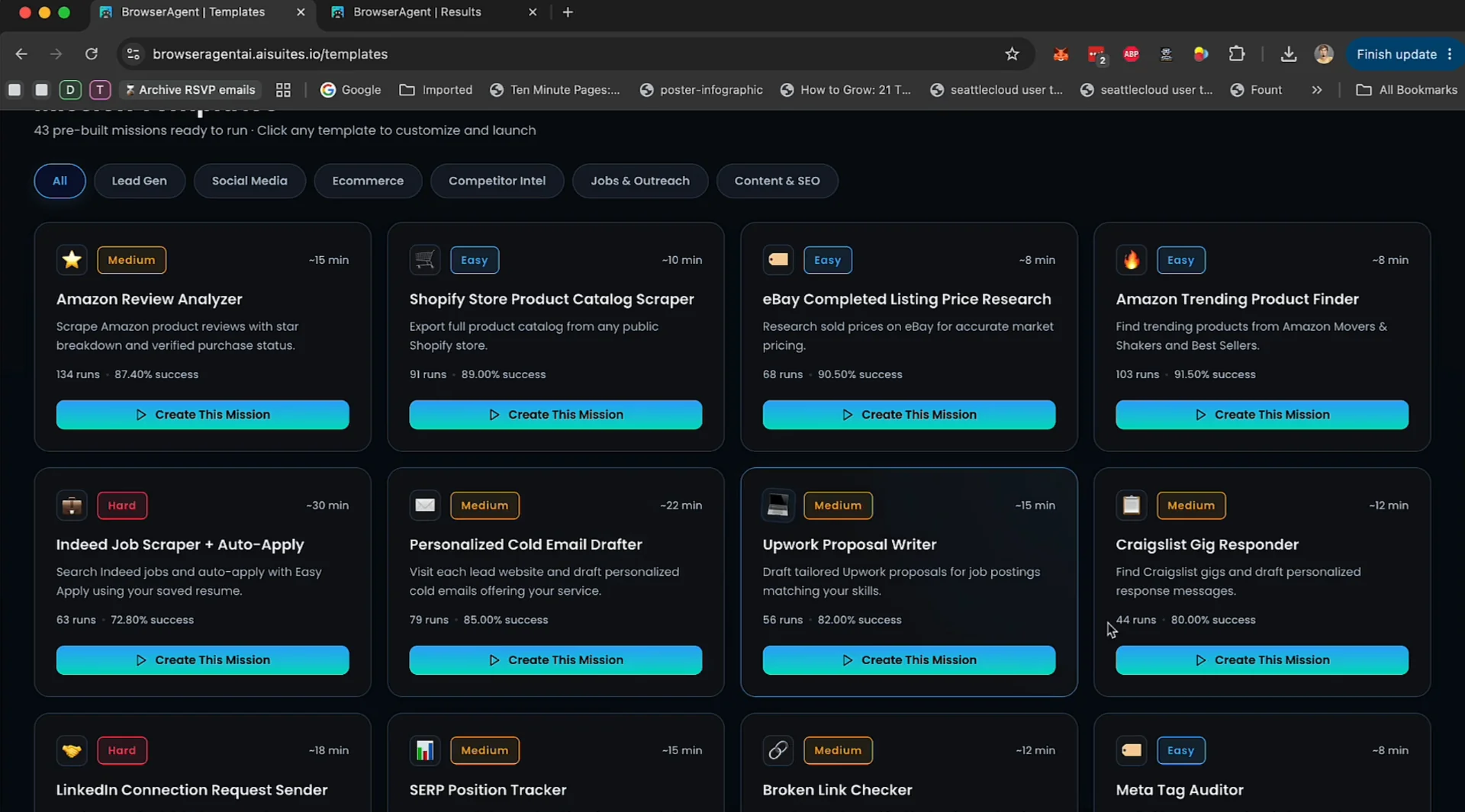 BrowserAgent mission templates for lead generation, ecommerce, outreach, and SEO